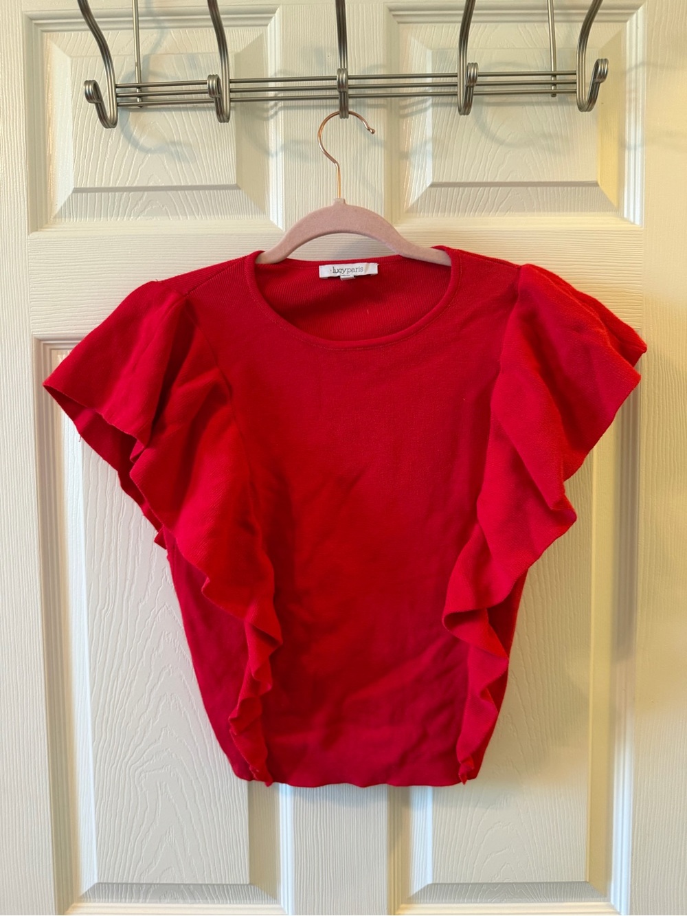 Lucy Paris Red Ruffle Sleeve Crew Neck Sweater
